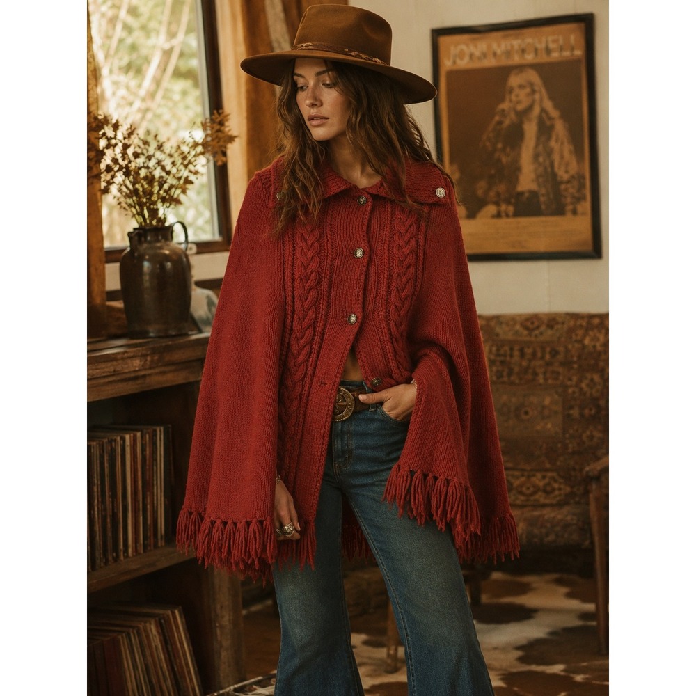 Vintage Cable Knit Cottagecore Cabincore 1970s bohemian Artisan Poncho One Size